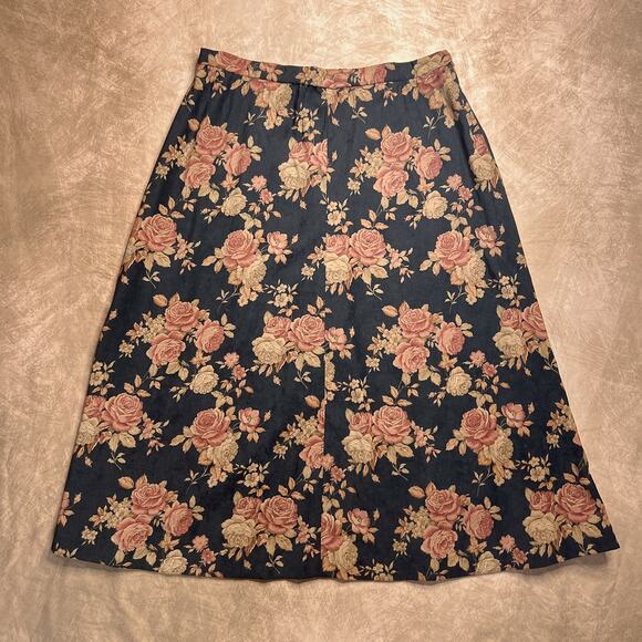 Vintage 90s Handmade Floral Maxi Skirt Black Orange Rose A Line Boho Whimsigoth - Picture 1 of 4
